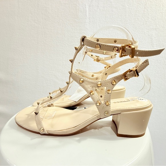 Express Beige and Gold Studded Strappy Block Heel Padded Sandals Size 9 NWT - Picture 7 of 12